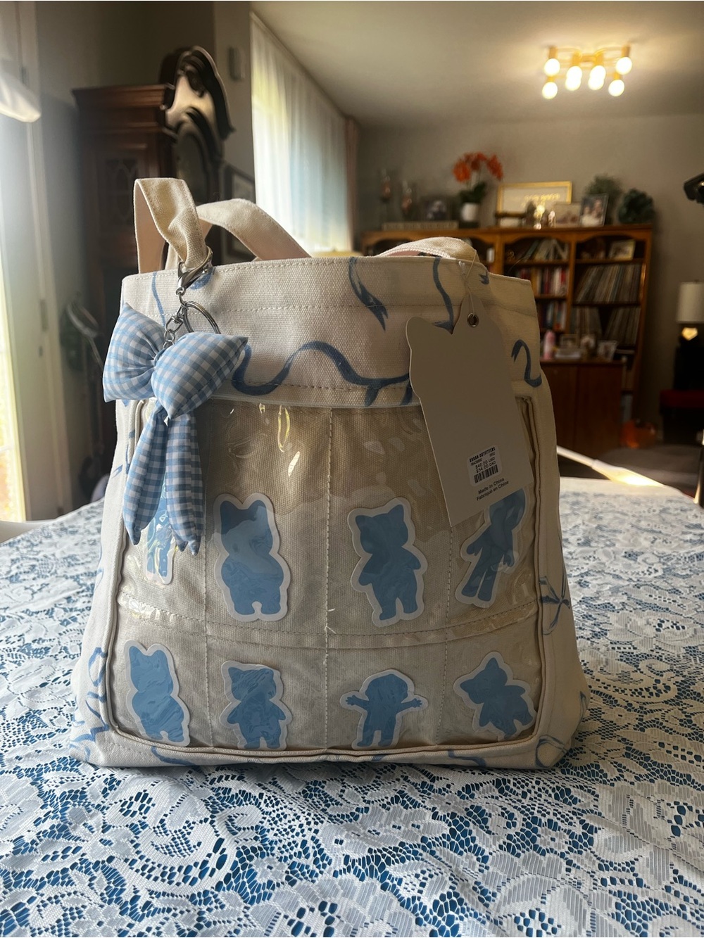 Urban Outfitters Favorite Figurines Canvas Tote Bag NWT Blue Bow - Picture 4 of 10
